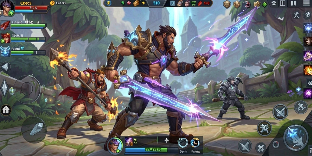 Gameplay MOBA yang intens dan strategis dalam GEMS365.