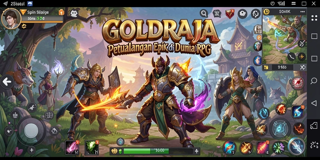 Screenshot gameplay <strong>GOLDRAJA</strong> saat pertarungan epik di dunia fantastis.
