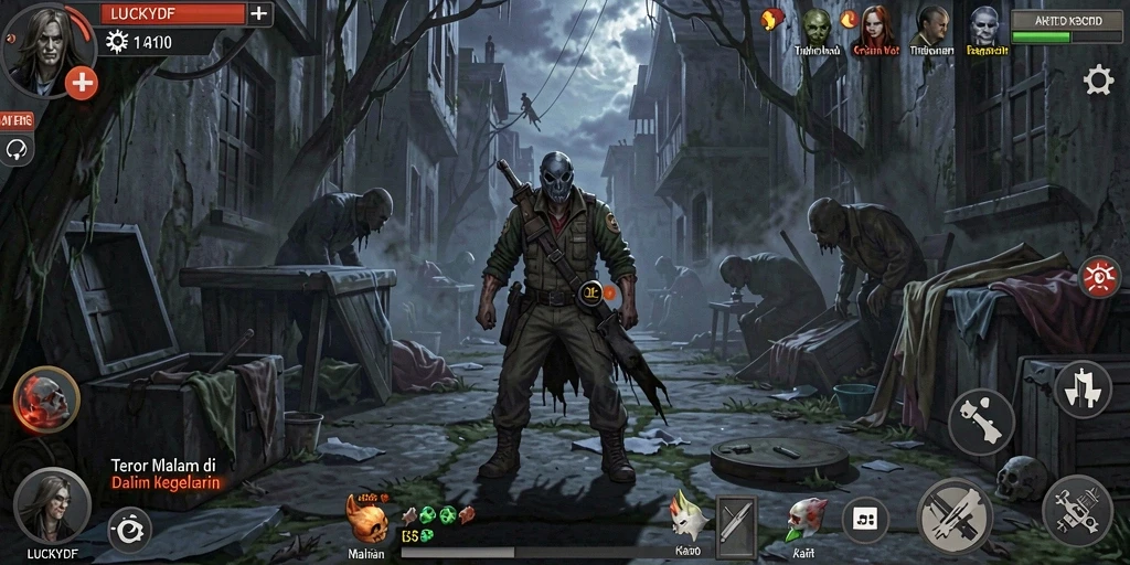 Gameplay menakutkan dalam LUCKYDF dengan suasana kelam.