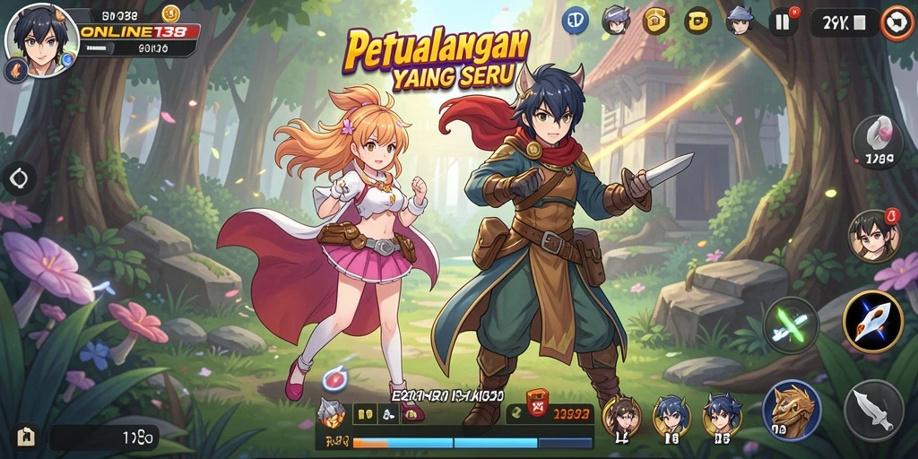 Tangkapan layar gameplay dari ONLINE138 dengan karakter anime yang dinamis.