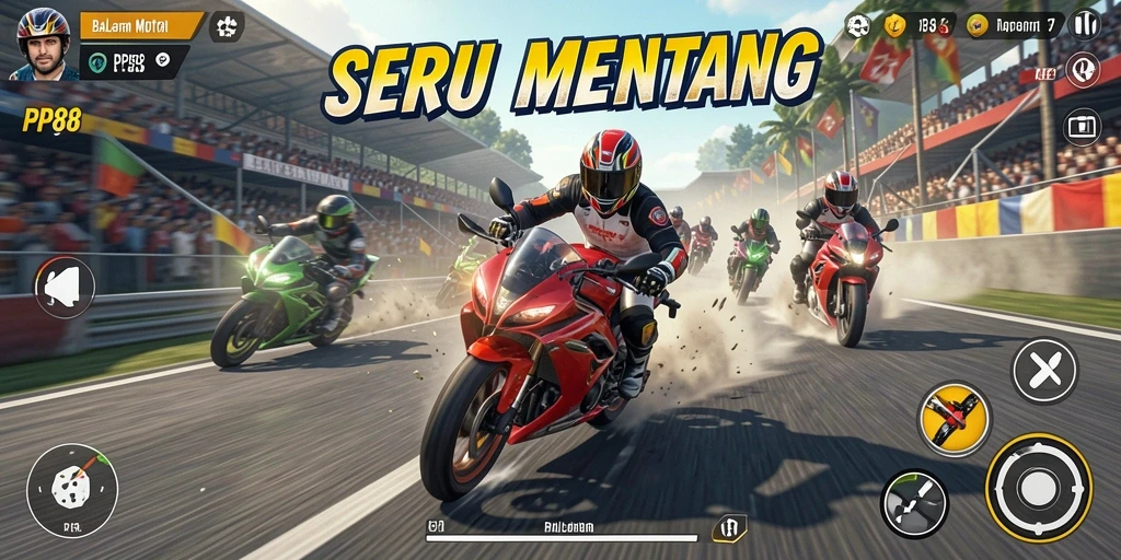 Screenshot gameplay PP88 menunjukkan aksi balapan motor yang intens.