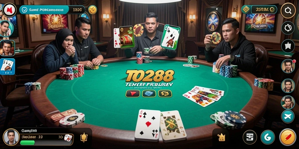 Screenshot utama TO288 menampilkan pemain berinteraksi dalam permainan poker yang seru.