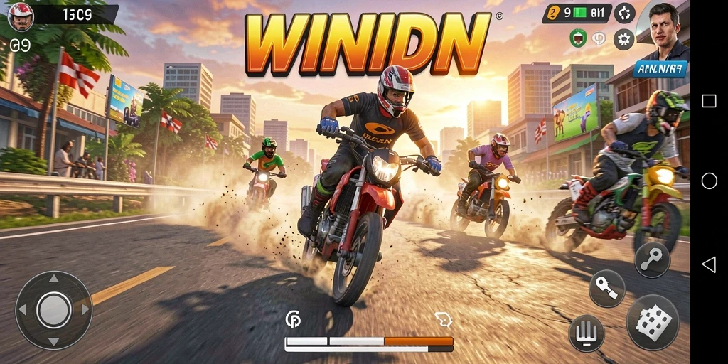 Tampilan gameplay WINIDN yang mendebarkan dengan mobil balap yang cepat dan trek menantang.