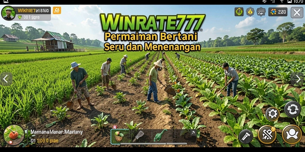 Tampilan gameplay WINRATE777 yang menggambarkan aktivitas bertani.